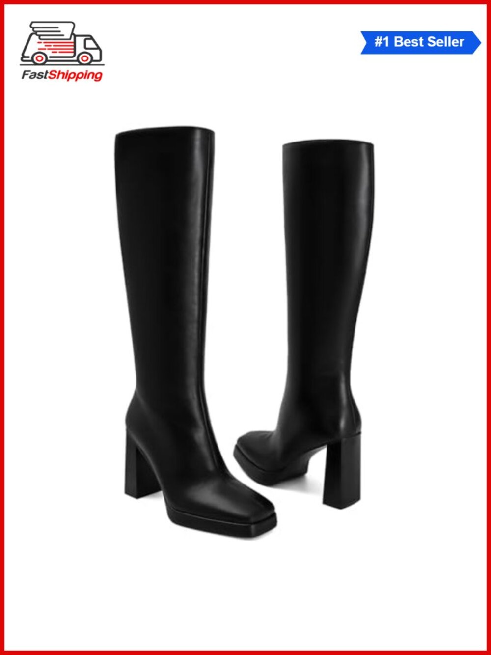 Faux Leather Knee High Platform Boots Chunky Block Heel Square Toe